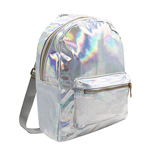 MOSSTYUS Small Holographic Backpack Rainbow Shoulder Bag Metallic Satchel Shiny Travel Daypack for Women Men Lady