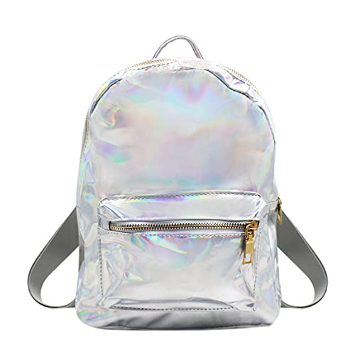 MOSSTYUS Small Holographic Backpack Rainbow Shoulder Bag Metallic Satchel Shiny Travel Daypack for Women Men Lady