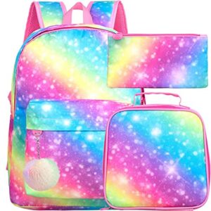 3pcs girls backpack, kids rainbow preschool bookbag and lunch box, elementary kindergarten school bag