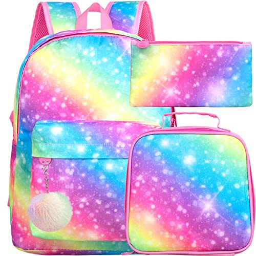 3PCS Girls Backpack, Kids Rainbow Preschool Bookbag and Lunch Box, Elementary Kindergarten School Bag