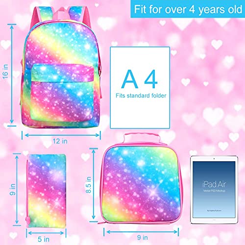 3PCS Girls Backpack, Kids Rainbow Preschool Bookbag and Lunch Box, Elementary Kindergarten School Bag