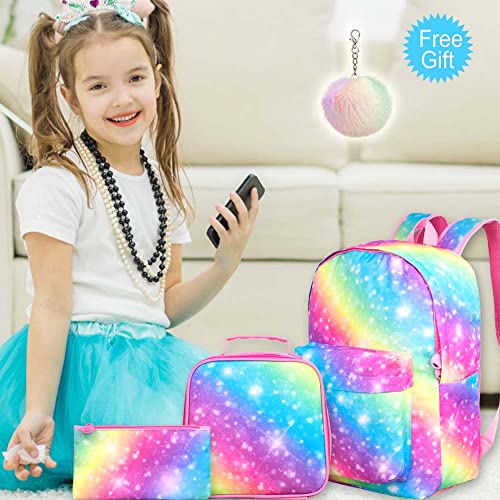 3PCS Girls Backpack, Kids Rainbow Preschool Bookbag and Lunch Box, Elementary Kindergarten School Bag