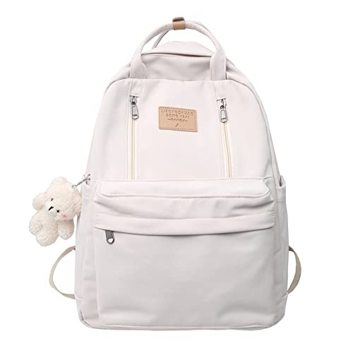 Cute Backpack with Free Bear/Duck Pendant Kawaii Ulzzang Japanese Korean Large Bag Casual Teen Backpack (Style 09 white)