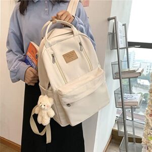 Cute Backpack with Free Bear/Duck Pendant Kawaii Ulzzang Japanese Korean Large Bag Casual Teen Backpack (Style 09 white)