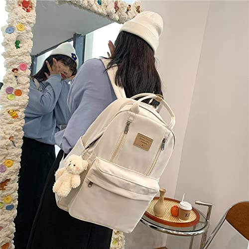 Cute Backpack with Free Bear/Duck Pendant Kawaii Ulzzang Japanese Korean Large Bag Casual Teen Backpack (Style 09 white)