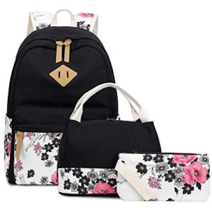 abshoo lightweight canvas floral backpacks for teen girls school backpack with lunch bag (dg20 black)