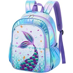 wawsam sequin mermaid kids backpack – sparkly school backpack for girls toddler preschool kindergarten elementary 15″ hiking travel casual blue book bag