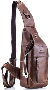 bullcaptain genuine leather men sling crossbody bag multi-pocket chest bag casual travel hiking sling backpack with earphone hole (brown)