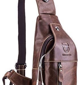 BULLCAPTAIN Genuine Leather Men Sling Crossbody Bag Multi-pocket Chest Bag Casual Travel Hiking Sling Backpack with Earphone Hole (Brown)