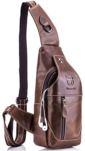 BULLCAPTAIN Genuine Leather Men Sling Crossbody Bag Multi-pocket Chest Bag Casual Travel Hiking Sling Backpack with Earphone Hole (Brown)