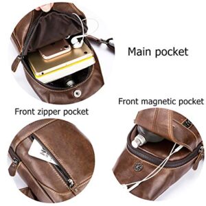 BULLCAPTAIN Genuine Leather Men Sling Crossbody Bag Multi-pocket Chest Bag Casual Travel Hiking Sling Backpack with Earphone Hole (Brown)