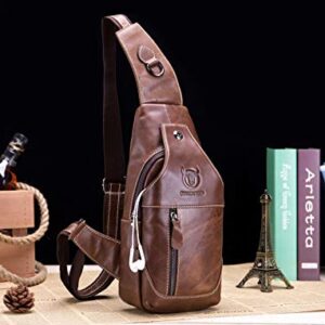 BULLCAPTAIN Genuine Leather Men Sling Crossbody Bag Multi-pocket Chest Bag Casual Travel Hiking Sling Backpack with Earphone Hole (Brown)