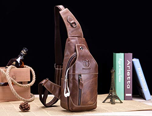 BULLCAPTAIN Genuine Leather Men Sling Crossbody Bag Multi-pocket Chest Bag Casual Travel Hiking Sling Backpack with Earphone Hole (Brown)