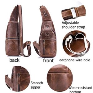 BULLCAPTAIN Genuine Leather Men Sling Crossbody Bag Multi-pocket Chest Bag Casual Travel Hiking Sling Backpack with Earphone Hole (Brown)