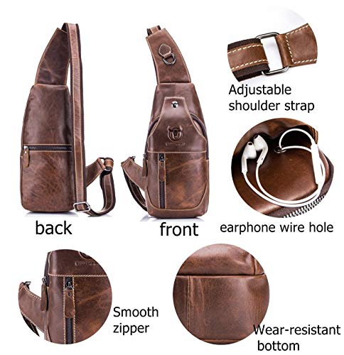 BULLCAPTAIN Genuine Leather Men Sling Crossbody Bag Multi-pocket Chest Bag Casual Travel Hiking Sling Backpack with Earphone Hole (Brown)