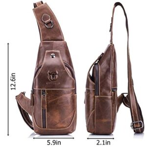 BULLCAPTAIN Genuine Leather Men Sling Crossbody Bag Multi-pocket Chest Bag Casual Travel Hiking Sling Backpack with Earphone Hole (Brown)