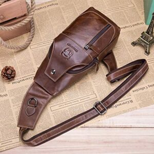 BULLCAPTAIN Genuine Leather Men Sling Crossbody Bag Multi-pocket Chest Bag Casual Travel Hiking Sling Backpack with Earphone Hole (Brown)