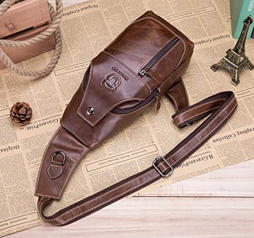 BULLCAPTAIN Genuine Leather Men Sling Crossbody Bag Multi-pocket Chest Bag Casual Travel Hiking Sling Backpack with Earphone Hole (Brown)