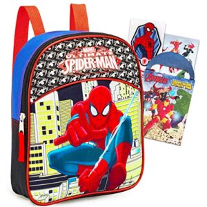 marvel spiderman backpack set toddler preschool – 5 pc bundle with 11″ mini spiderman backpack, super hero coloring books, stickers, and more (travel activity pack)