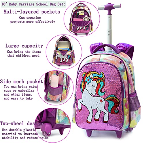 Egchescebo 3PCS Girls School Kids Rolling Backpack With Wheels Trolley Wheeled Backpacks for Girls Travel Bags Girls Backpack With Lunch Box Purple