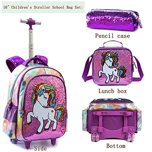 Egchescebo 3PCS Girls School Kids Rolling Backpack With Wheels Trolley Wheeled Backpacks for Girls Travel Bags Girls Backpack With Lunch Box Purple