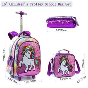 Egchescebo 3PCS Girls School Kids Rolling Backpack With Wheels Trolley Wheeled Backpacks for Girls Travel Bags Girls Backpack With Lunch Box Purple