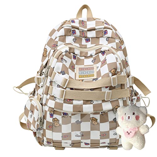 Lokkcy Cute Kawaii Backpack for Teen Girls with Doll,Fashion Plaid Backpack for School checkerboard backpack. (Khaki)