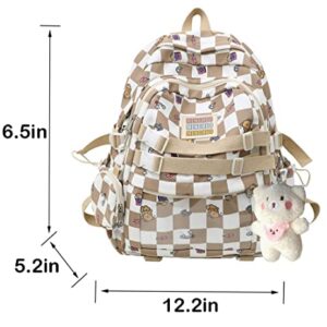 Lokkcy Cute Kawaii Backpack for Teen Girls with Doll,Fashion Plaid Backpack for School checkerboard backpack. (Khaki)