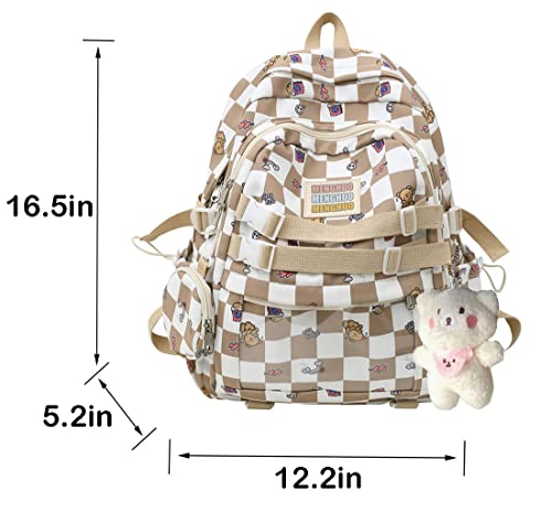 Lokkcy Cute Kawaii Backpack for Teen Girls with Doll,Fashion Plaid Backpack for School checkerboard backpack. (Khaki)