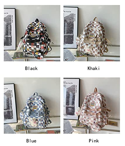 Lokkcy Cute Kawaii Backpack for Teen Girls with Doll,Fashion Plaid Backpack for School checkerboard backpack. (Khaki)