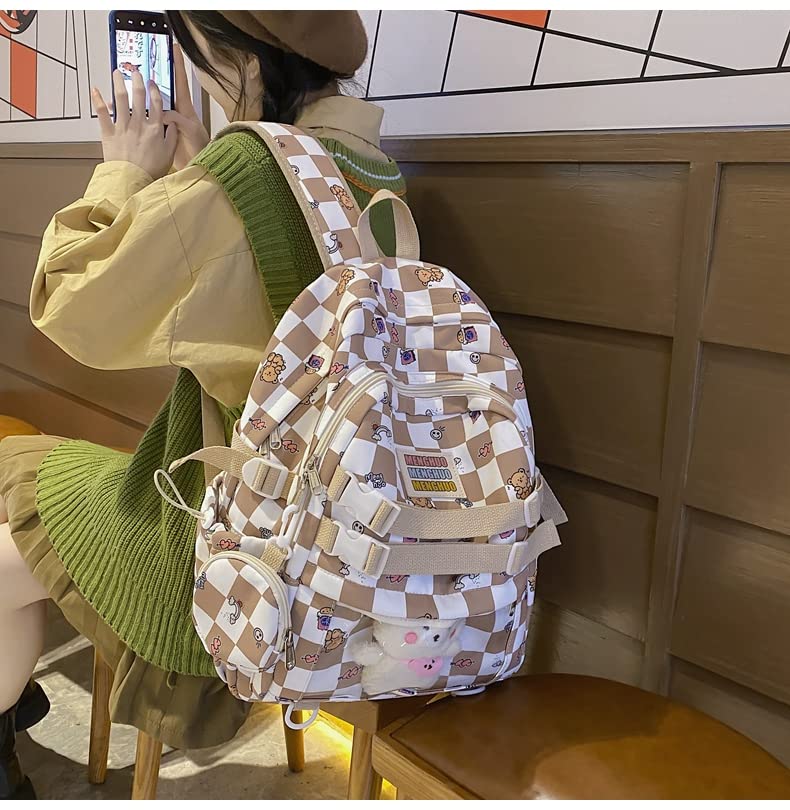 Lokkcy Cute Kawaii Backpack for Teen Girls with Doll,Fashion Plaid Backpack for School checkerboard backpack. (Khaki)