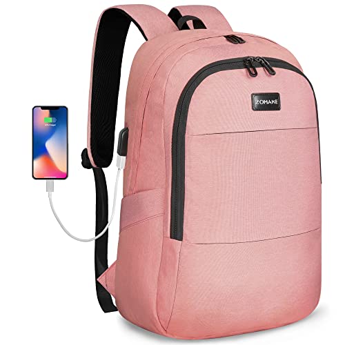 ZOMAKE Travel Laptop Backpack for Women Men:Anti Theft Water Resistant College School Bag - Computer Bookbag with USB Charging Port Business Work Backpacks Fits 15.6 Inch Laptop (15.6 Inch,a-pink)