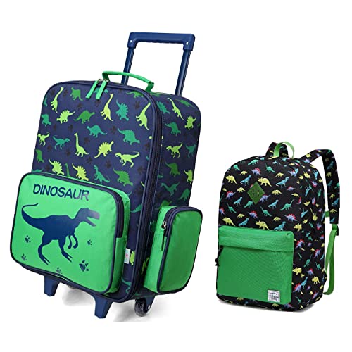 VASCHY Dinosaur Rolling Luggage and Cute Preschool Backpack Bundle