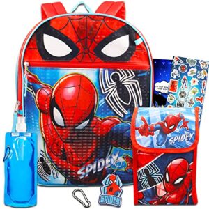marvel spiderman backpack with lunch box – bundle with spiderman backpack for boys 4-6, spiderman lunch box, water pouch, stickers (spiderman backpack for kids)
