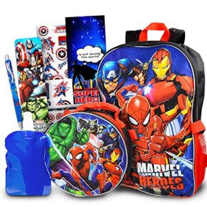 marvel shop marvel avengers backpack for boys, girls, kids – 7 pc bundle with 16 marvel superhero school bag, avengers lunch bag, water pouch, stickers, and more (avengers school supplies), large