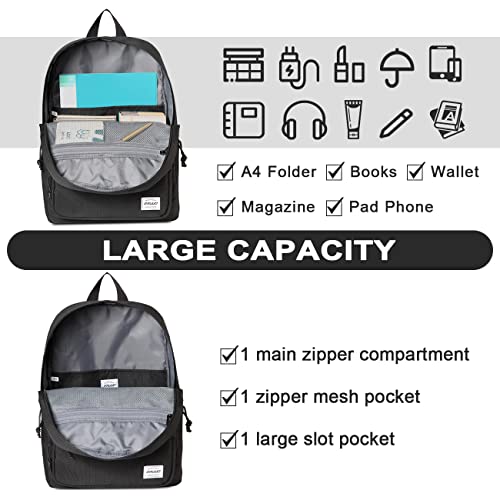 RAVUO School Backpack for Men Women, Ultra Lightweight Basic Bookbags Casual Daypack Black Backpack for Kids Teen Girls Boys