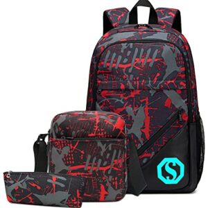 school backpacks for boys girls bookbag teens backpack set with shoulder bag and pencil case (red 1)