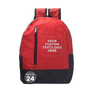 discount promos 24 quick zip backpacks set – customizable text, logo – polyester, unique features, front pocket, vibrant – red