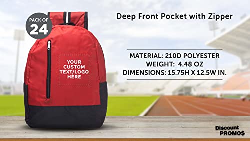 DISCOUNT PROMOS 24 Quick Zip Backpacks Set - Customizable Text, Logo - Polyester, Unique features, Front Pocket, Vibrant - Red