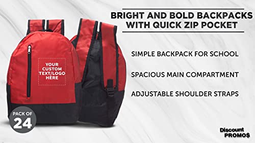 DISCOUNT PROMOS 24 Quick Zip Backpacks Set - Customizable Text, Logo - Polyester, Unique features, Front Pocket, Vibrant - Red