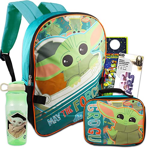 Baby Yoda Backpack and Lunch Box Set - Mandalorian School Supplies Bundle with Insulated Bag Plus Star Wars Decals, Water Bottle, More (Mandalorian for Boys),