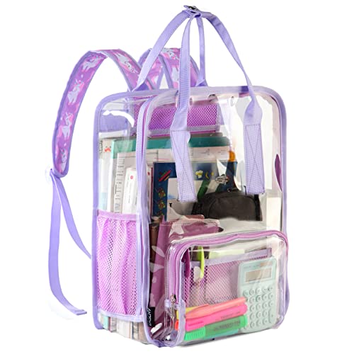 VASCHY Clear backpack for Women, Heavy Duty Transparent See Through Stadium Approved Square Backpack for Teen Girls Bookbag Schoolbag Unicorn