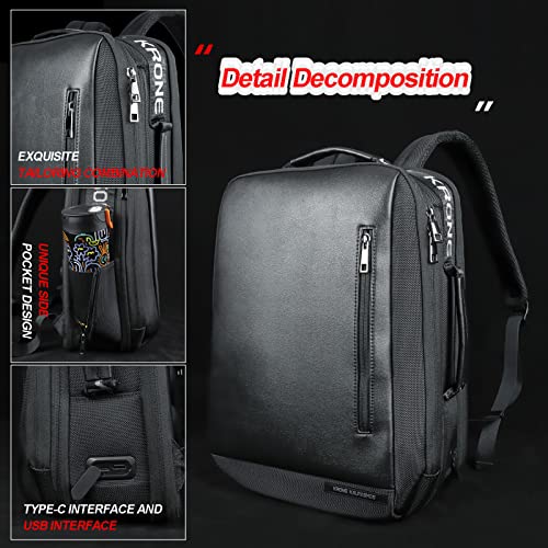 Krone Kalpasmos Backpack, Large Capacity Leather Waterproof Backpack with Black Organizer, Black