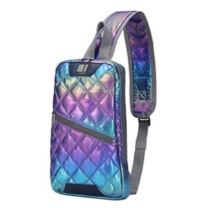 gblq plus sling bags, iridescent crossbody shoulder puffer backpack for women men kids, travel hiking small chest daypack (metallic blue)