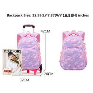 Stripe Rolling Trolley Bag Wheeled Backpack for Girls Primary Geometric Schoolbag Elementary Bookbag (Purple Pink)