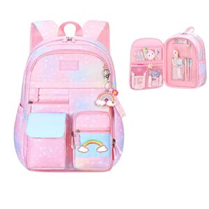 girls backpack, kids backpacks for girls, cute gradient kids bookbags with compartments elementary school bag for teens