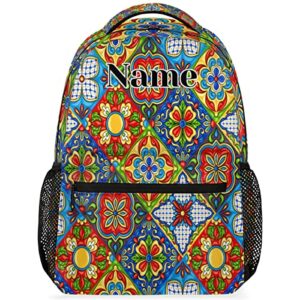custom ethnic mexican talavera backpack for teens boys girls, add your own text name mexican tiles personalized schoolbag bookbags, customized laptops backpack for men women