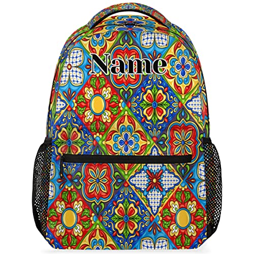 Custom Ethnic Mexican Talavera Backpack for Teens Boys Girls, Add Your Own Text Name Mexican Tiles Personalized Schoolbag Bookbags, Customized Laptops Backpack for Men Women