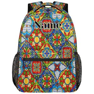 Custom Ethnic Mexican Talavera Backpack for Teens Boys Girls, Add Your Own Text Name Mexican Tiles Personalized Schoolbag Bookbags, Customized Laptops Backpack for Men Women