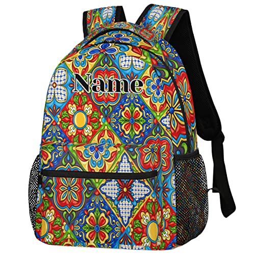 Custom Ethnic Mexican Talavera Backpack for Teens Boys Girls, Add Your Own Text Name Mexican Tiles Personalized Schoolbag Bookbags, Customized Laptops Backpack for Men Women